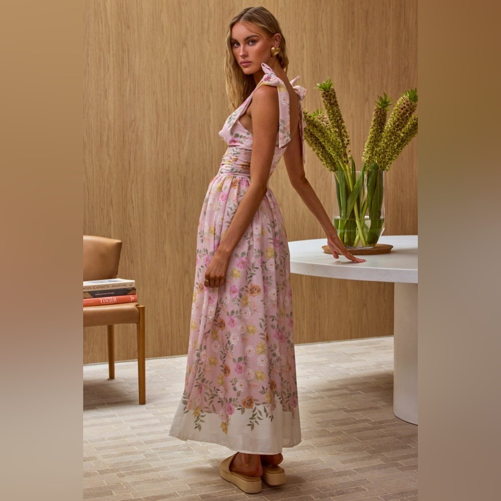 Dua Tied Shoulder Maxi Dress Floral Peach - Picture 1 of 8